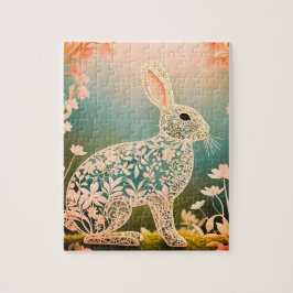 White Floral Rabbit Spring Art Legpuzzel