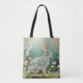 White Floral Rabbit Spring Art Tote Bag (Voorkant)