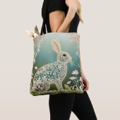 White Floral Rabbit Spring Art Tote Bag (Dichtbij)
