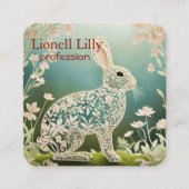 White Floral Rabbit Spring Art Vierkante Visitekaartje (Voorkant)