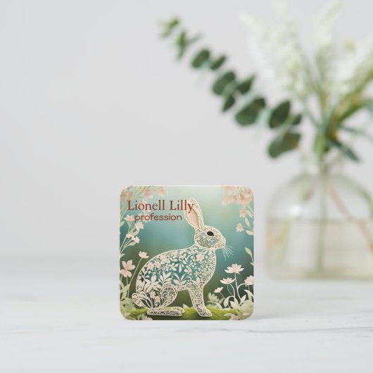 White Floral Rabbit Spring Art Vierkante Visitekaartje (Staand voorkant)
