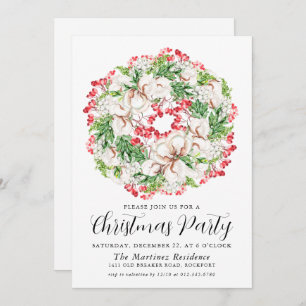 White Floral Red Berry Wreate Kerstparty Kaart