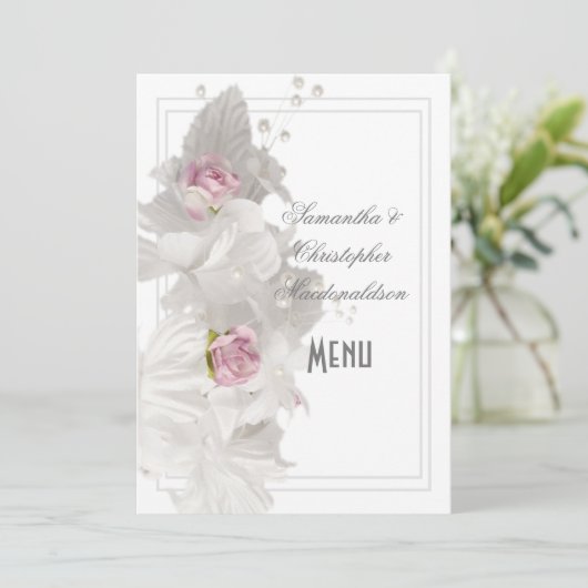 White floral roos bruiloft menu (Staand voorkant)