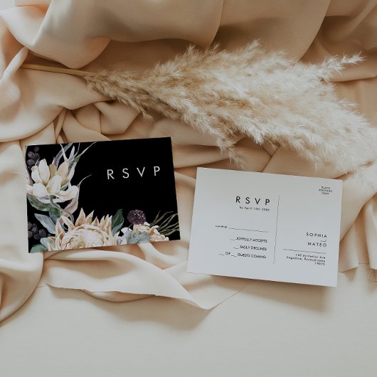 White Floral | RSVP-Briefkaart met zwarte bruiloft Briefkaart