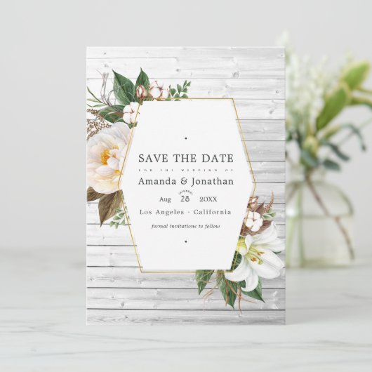 White Floral Rustic Barn Country Weddenfoto Save The Date (Staand voorkant)