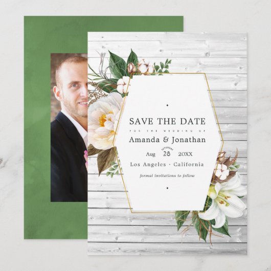 White Floral Rustic Barn Country Weddenfoto Save The Date (Voorkant / Achterkant)