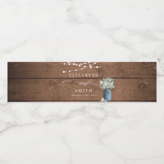 White Floral Rustic Elegant Lights Wooden Wedding Waterfles Etiket (Enkel label)