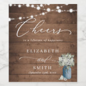 White Floral Rustic Elegant Lights Wooden Wedding Wijn Etiket (Enkel label)