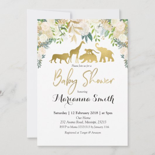 White Floral Safari Animal Baby shower Invitation Kaart (Voorkant)