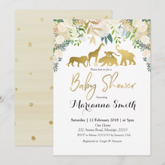 White Floral Safari Animal Baby shower Invitation Kaart (Voorkant / Achterkant)