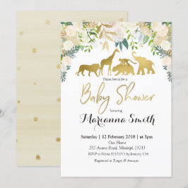 White Floral Safari Animal Baby shower Invitation Kaart