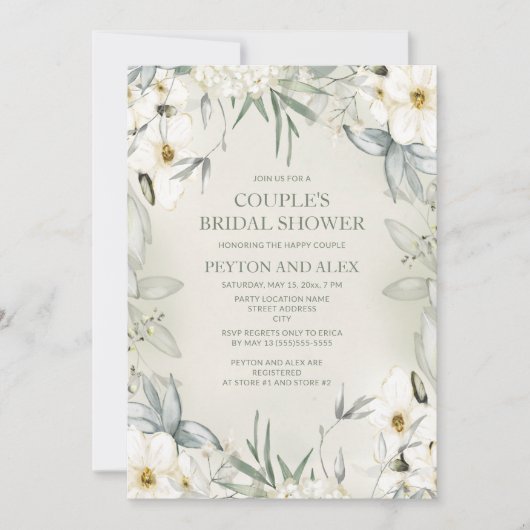 White Floral Sage Green Couple Vrijgezellenfeest Kaart (Voorkant)
