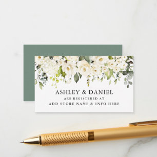White Floral Sage Green Wedding Registry Informatiekaartje