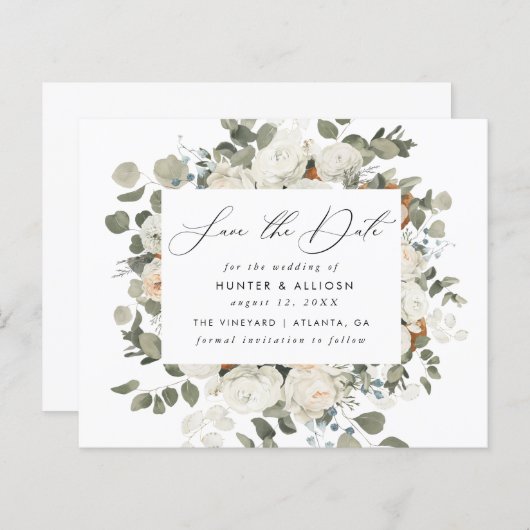 White Floral Save the Date (Voorkant / Achterkant)