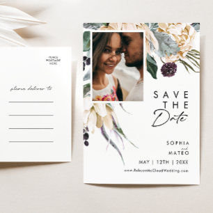 White Floral Script Photo Save the Date Briefkaart