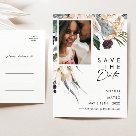 White Floral Script Photo Save the Date Briefkaart
