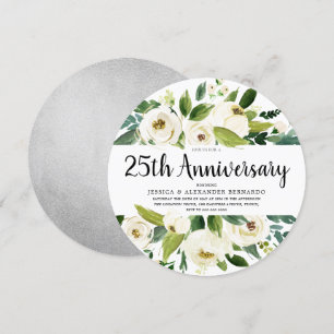 White Floral Silver 25th Wedding Jubileum Kaart
