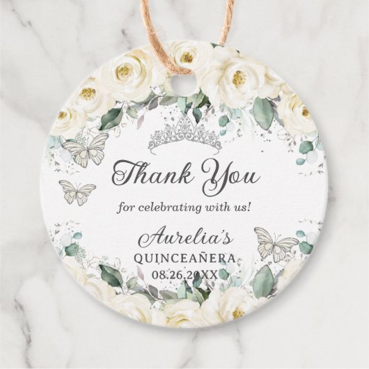 White Floral Silver Butterflies Princess Tiara Bedankjes Labels (Voorkant)