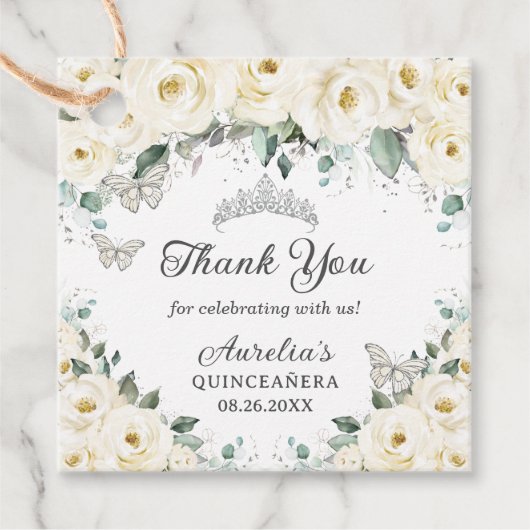 White Floral Silver Butterflies Princess Tiara Bedankjes Labels (Voorkant)