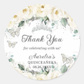 White Floral Silver Butterflies Princess Tiara Ronde Sticker (Voorkant)