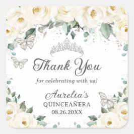 White Floral Silver Butterflies Princess Tiara Vierkante Sticker