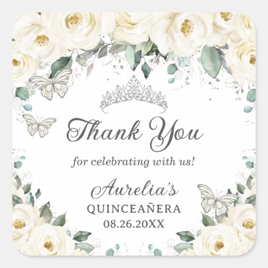 White Floral Silver Butterflies Princess Tiara Vierkante Sticker (Voorkant)