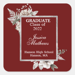 White Floral Silver Lijst on Cranberry Afstuderen Vierkante Sticker