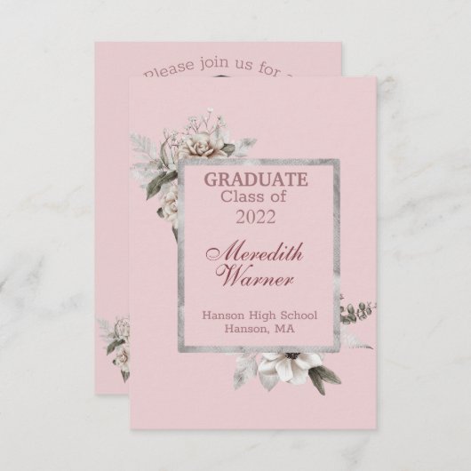 White Floral Silver Lijst op Roze Afstuderen Aankondiging (Voorkant / Achterkant)