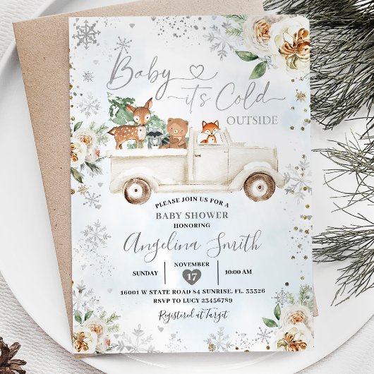 White Floral Silver Snowflake Truck Baby shower Kaart