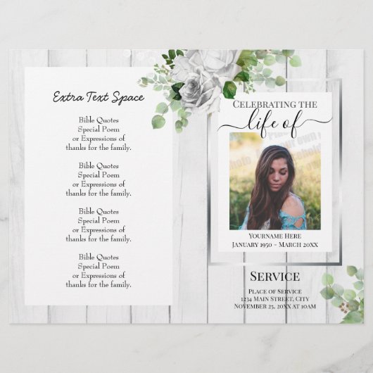 White Floral Simple Photo Funeral Program Budget (Voorkant)
