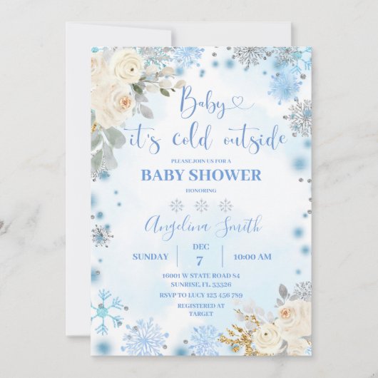 White Floral Snowflake Cold Outside Baby shower Kaart (Voorkant)