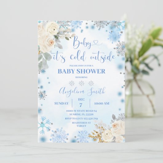 White Floral Snowflake Cold Outside Baby shower Kaart (Staand voorkant)
