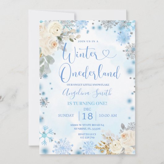 White Floral Snowflake Winter Onederland Birthday Kaart (Voorkant)