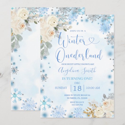 White Floral Snowflake Winter Onederland Birthday Kaart (Voorkant / Achterkant)