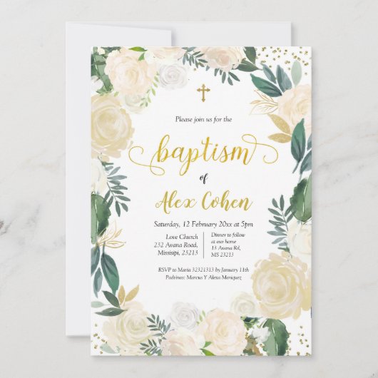 White Floral Spain Baptism Invitation Kaart (Voorkant)