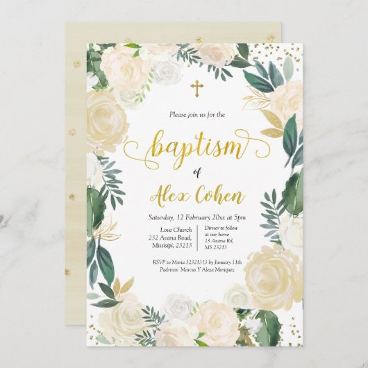 White Floral Spain Baptism Invitation Kaart (Voorkant / Achterkant)