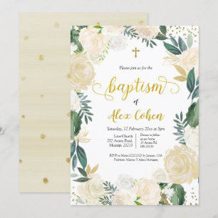 White Floral Spain Baptism Invitation Kaart