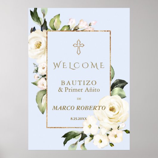 White Floral Spain Welcome Baptism Sign Poster (Voorkant)