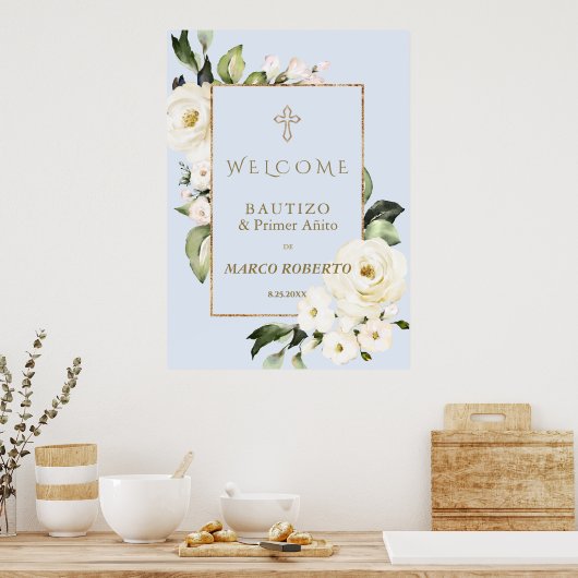 White Floral Spain Welcome Baptism Sign Poster (Keuken)