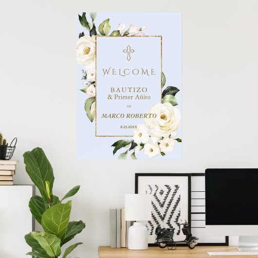White Floral Spain Welcome Baptism Sign Poster (Thuiskantoor)