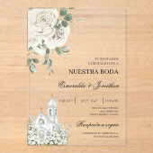 White Floral Spanish church Wedding acrylic Acryl Uitnodigingen (Voorkant)