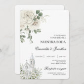 White Floral Spanish church Wedding Invitation Kaart (Voorkant / Achterkant)