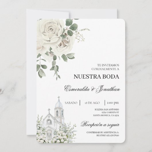 White Floral Spanish church Wedding Invitation Kaart (Voorkant)