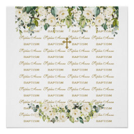 White Floral Step & Herhaal Gold Baptism Backdrop Perfect Poster
