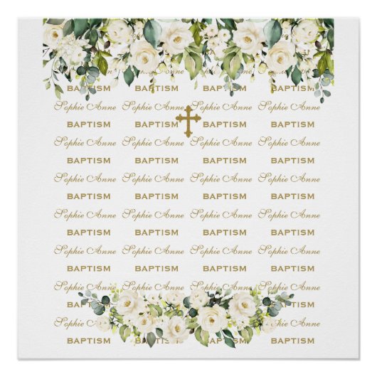 White Floral Step & Herhaal Gold Baptism Backdrop Perfect Poster (Voorkant)