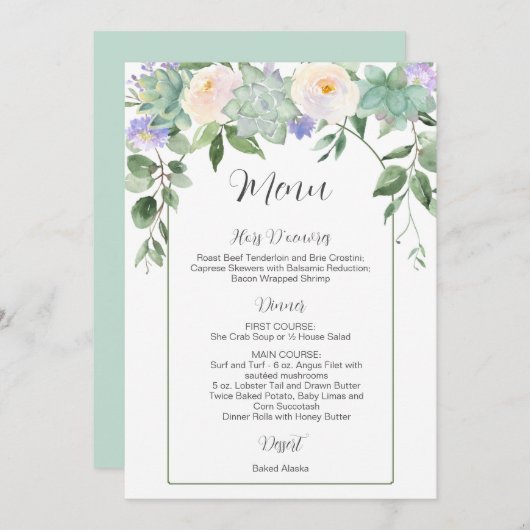 White Floral Succulents Greenery Wedding Menu (Voorkant / Achterkant)