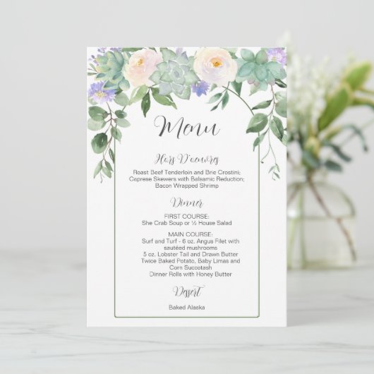 White Floral Succulents Greenery Wedding Menu (Staand voorkant)