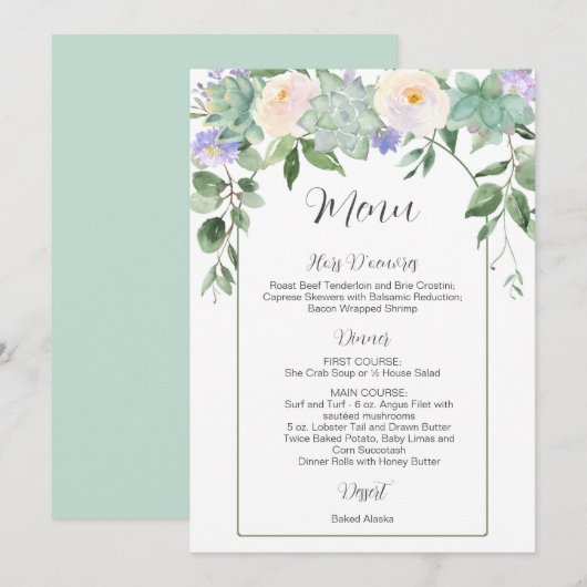 White Floral Succulents Greenery Wedding Menu Kaart (Voorkant / Achterkant)