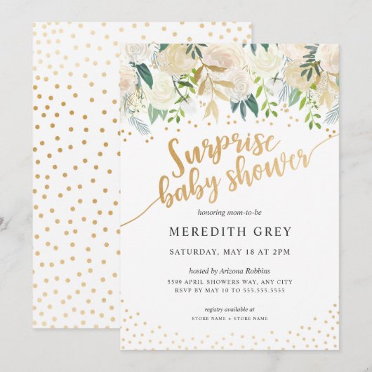 White Floral Surprise Baby shower Uitnodiging (Voorkant / Achterkant)