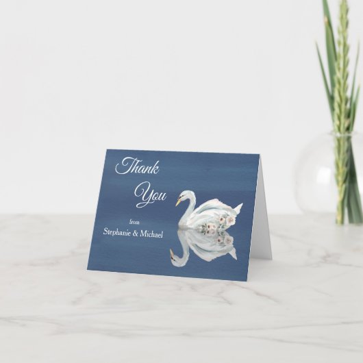 White Floral Swan op Blue Wedding Bedankkaart (Voorkant)